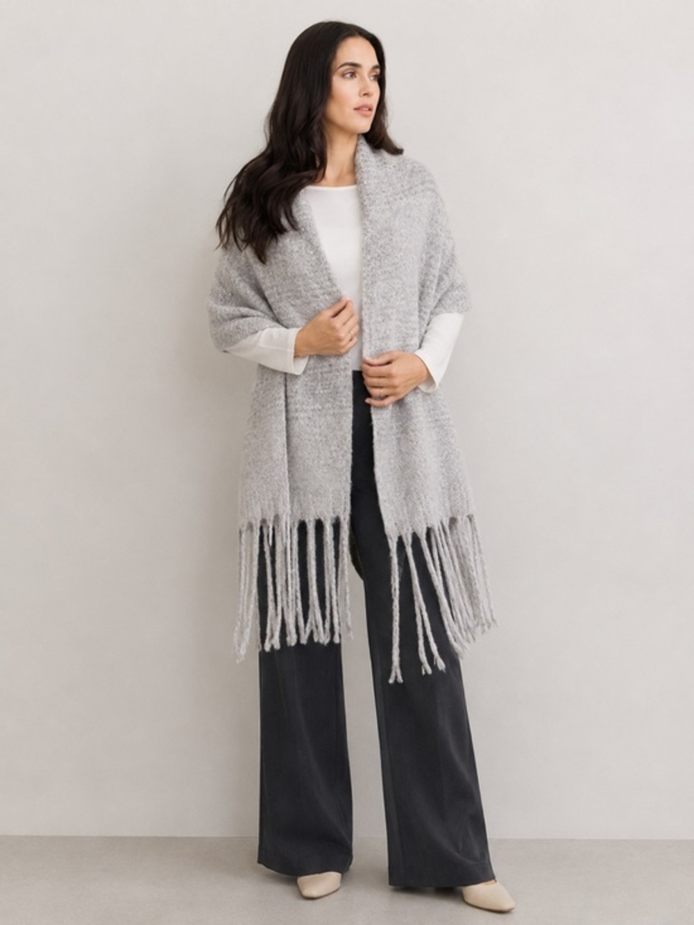 Mer-Sea Oversized Boho Fringe Blanket Scarf Wrap Heather Gray Stripes